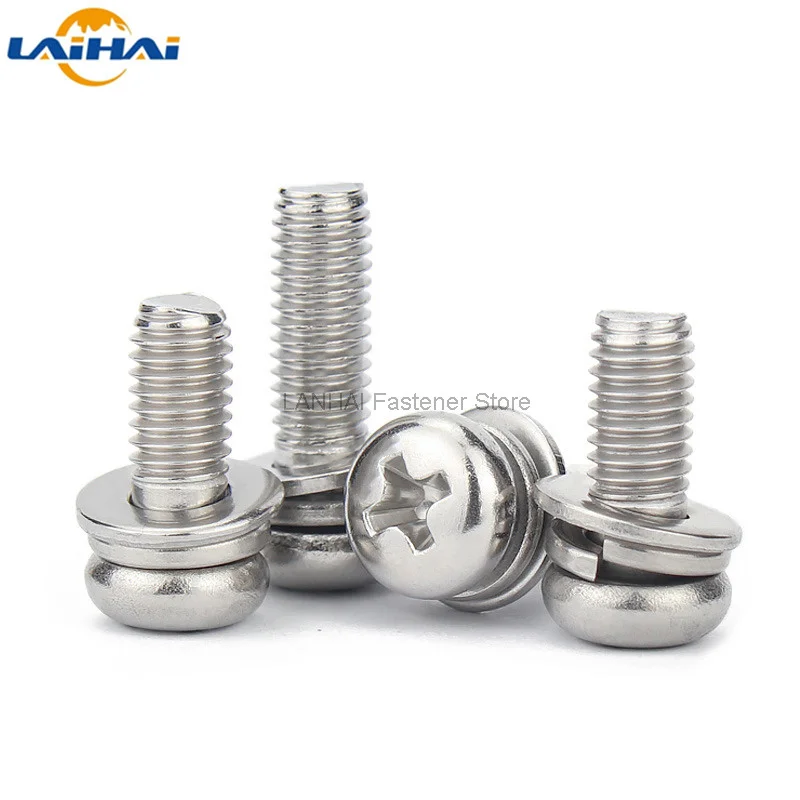 M1.6 M2 M2.5 M3 M4 M5 M6 M8 304 Stainless Steel Cross Round Phillips Pan Head SEM Screw Flat Washer Spring Gasket Assemble Bolt