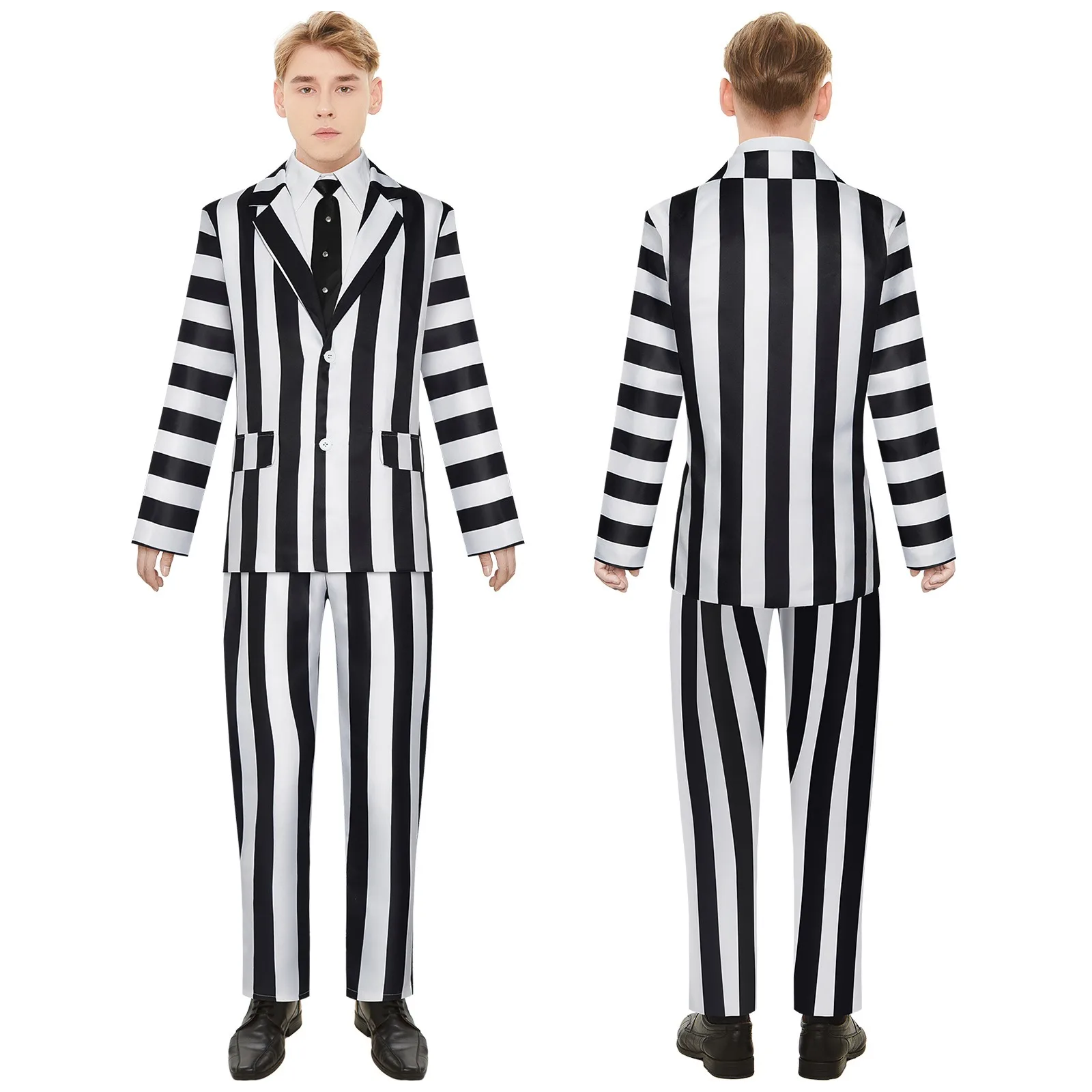 Beetlejuicee przebranie na karnawał czarno-biały garnitur w paski z koszuli stroje na Halloween kostium chrząszcza gotycki garnitur