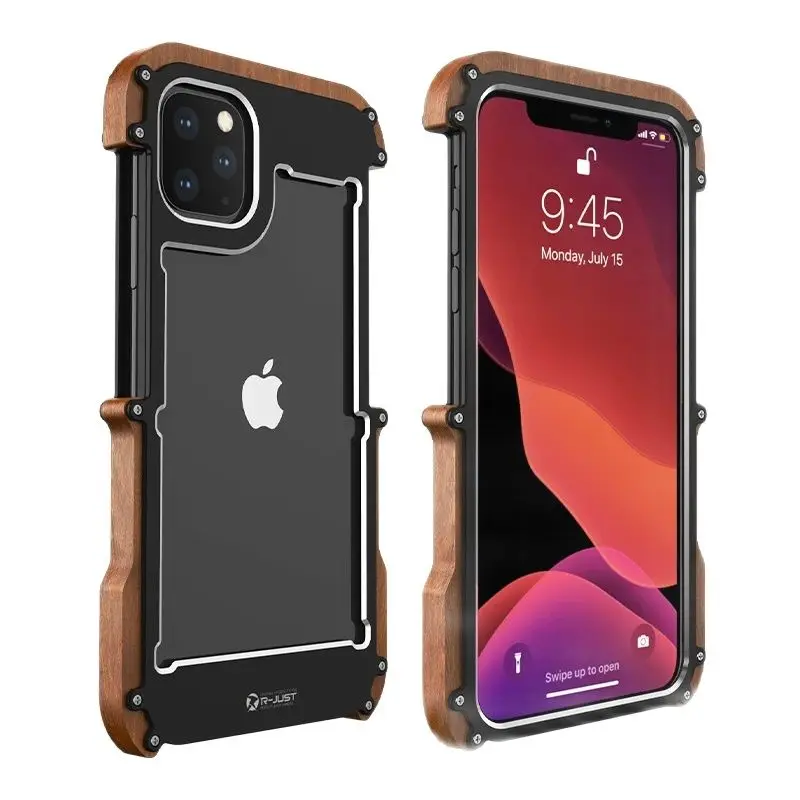 R-just Luxury Aluminum Screws Mobile Phone Cases For Iphone 16 15 14 13 12 Pro Max X Xr Xs 11 Pro Max Shockproof Wood Cover Case