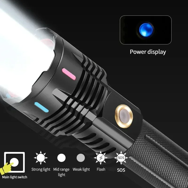 Powerful Ultra Bright Long Range Flashlight Type-C Rechargeable 5 Light Modes Portable Hand Lamp for Outdoor Camping Hiking