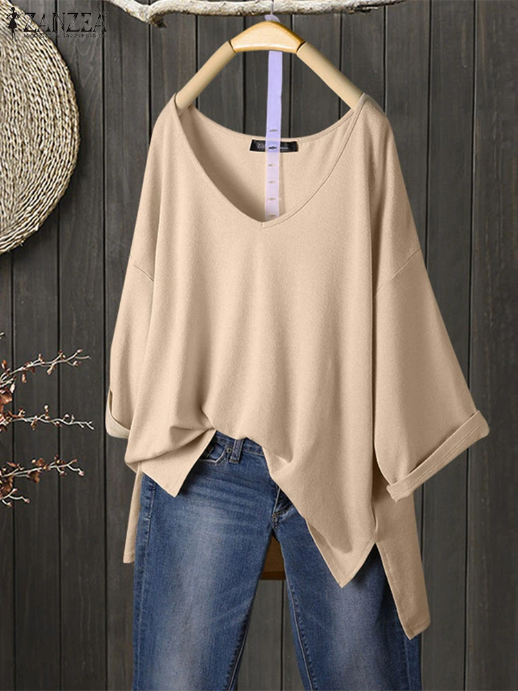 

Casual Women Blouses 2025 ZANZEA Summer Autumn Tops Elegant V Neck 3/4 Sleeve Work Shirt Stylish Split Hem Blusas Tunic Oversize