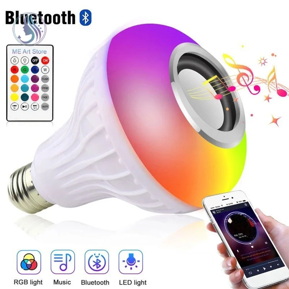 Bombilla LED inteligente E27 RGB con Bluetooth, lámpara de música, Control remoto inalámbrico con Audio, colorida, para escenario, fiesta en casa