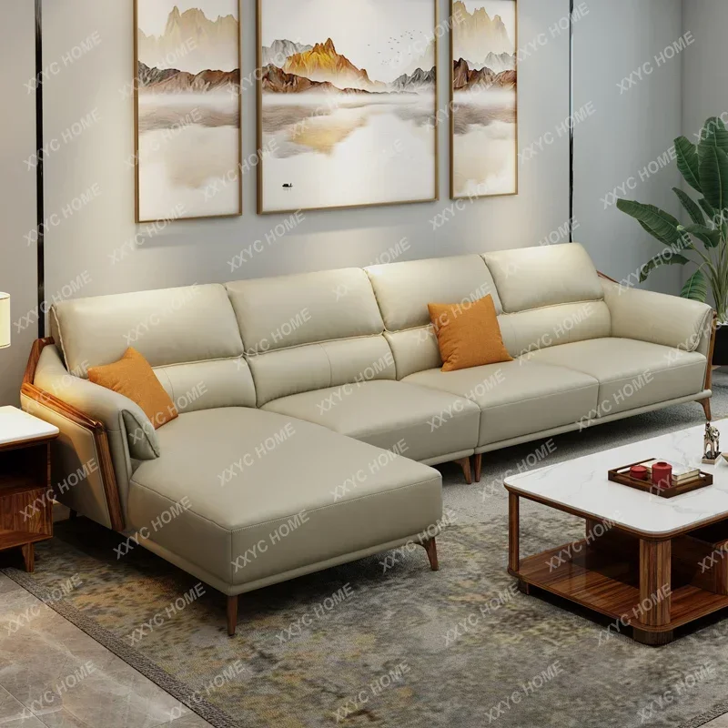 Ugyen Wood Modern Top Layer Leather Corner Sofa Small Apartment Solid Wood New Chinese Furniture Combination