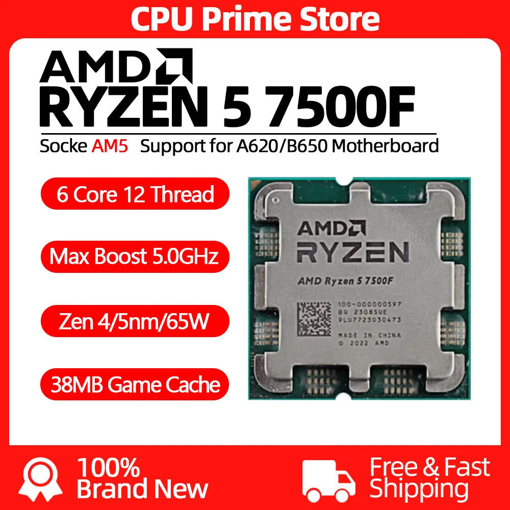 AMD Ryzen 5 7500F Brand New RYZEN 7500F Processor Desktop PC Gamer CPU Up to 5.0 GHz 6-Core 12-Thread 38MB Game Cache Socket AM5