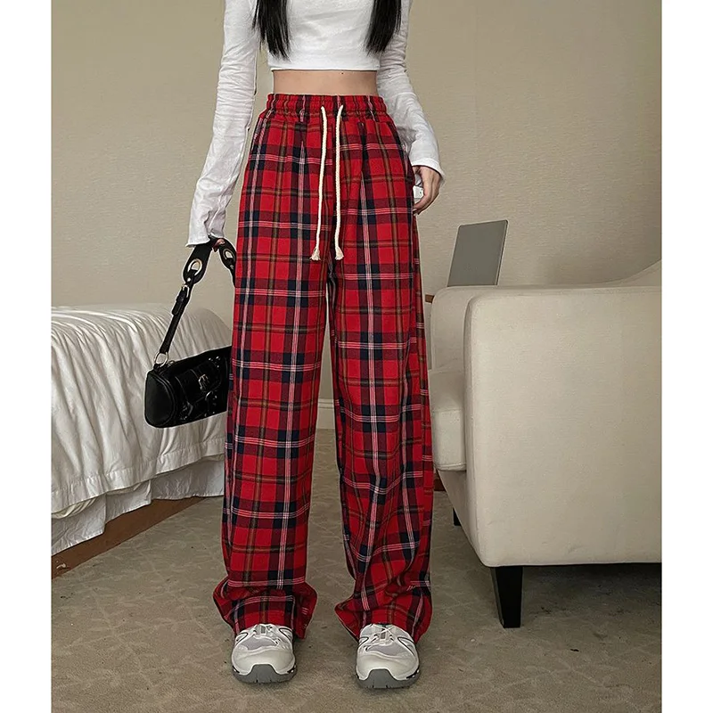 

2026 New Lady Red Plaid High Waist Pants Girls Fashion High Waist Baggy Pants Women Korean Casual Straight Leg Trousers