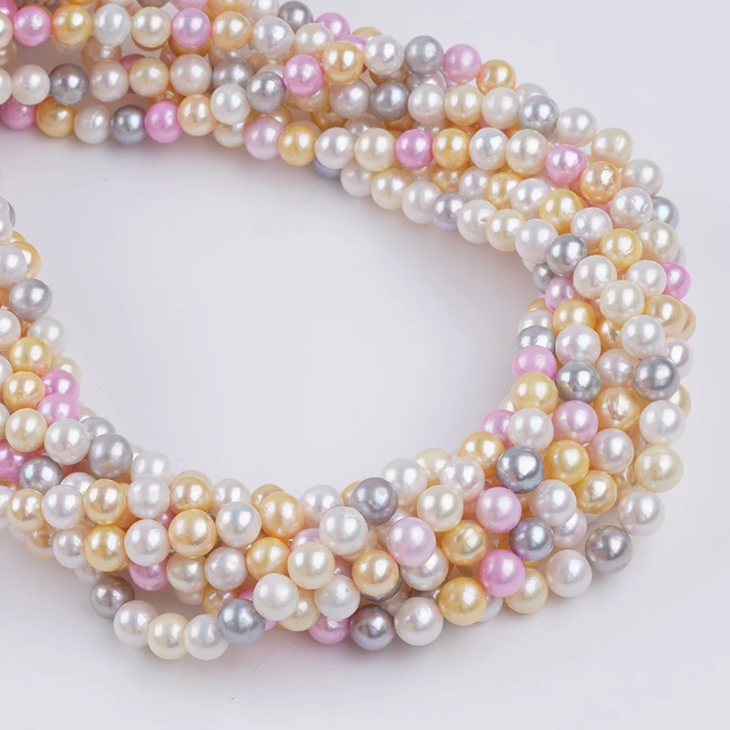 7-8mm Mixed Candy Color Round Shape Freshwater Pearl Strands Semi Finished Necklace Pearl Strings