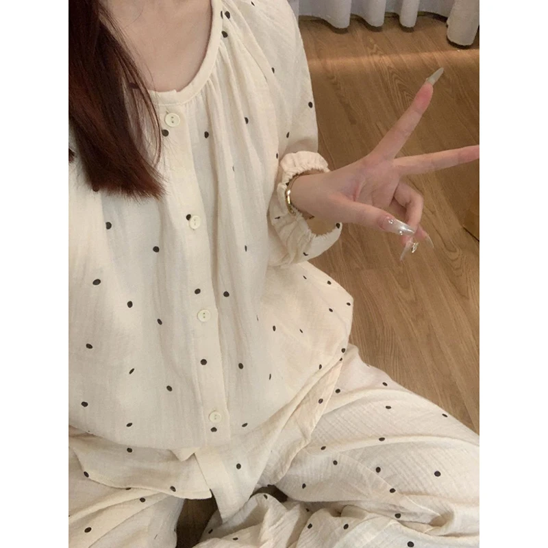 Polka Dot Sleepwear Women Pajama Sets Korean Piiama Button Autumn Pants Sets 2 Pieces Long Sleeve Night Wears O-neck Home Suit