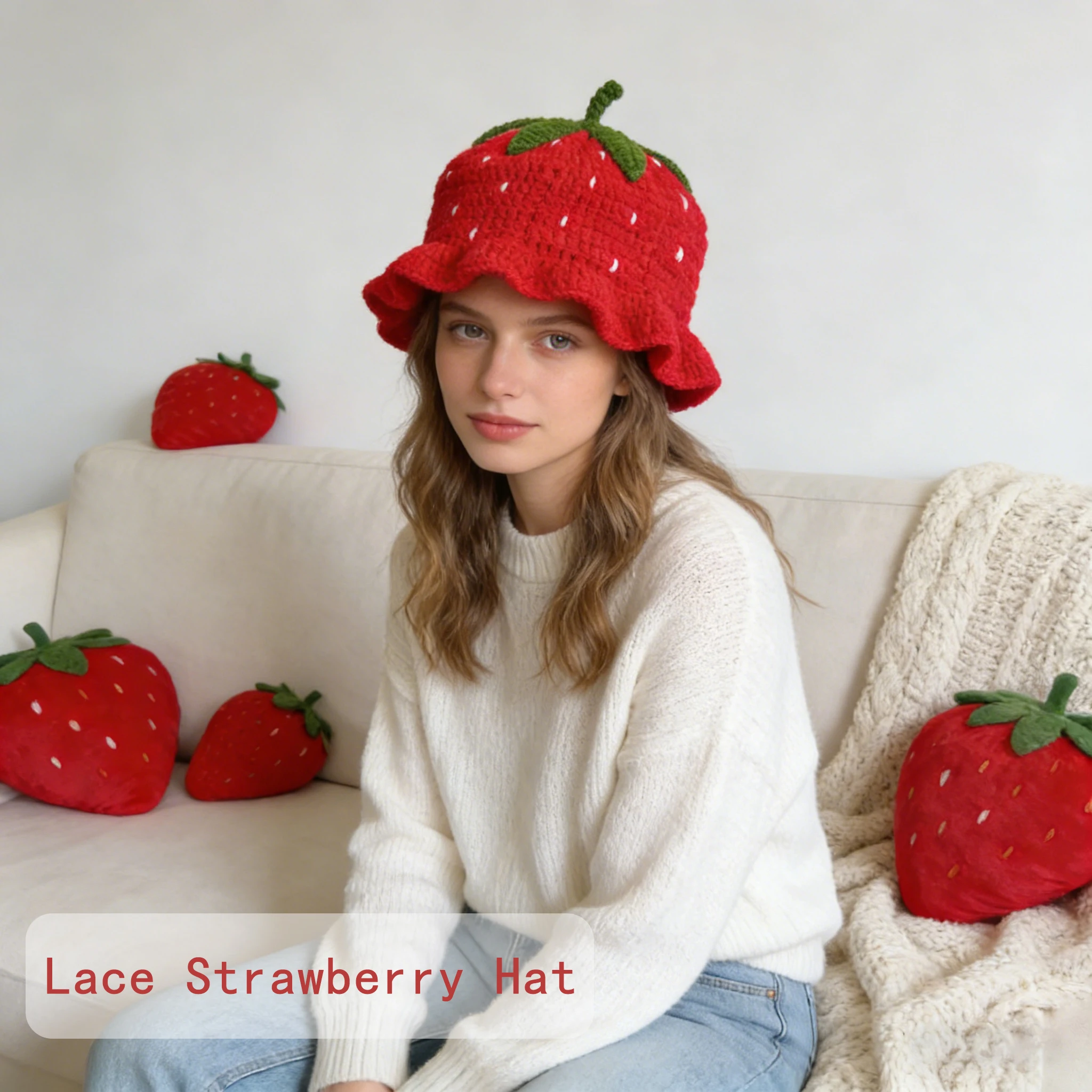 1pc，Cute Strawberry Hat Ruffled Edge Trendy Fashion Headwear.