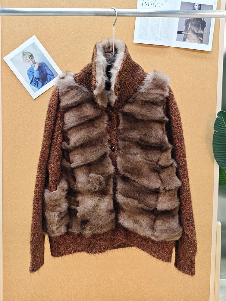 2026 New Winter Warm Women Real Fox Fur Coat Decoration Stand Collar Cardigan Sweater Outerwear