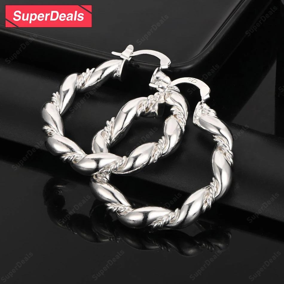 

SuperDeals 925 Sterling Silver 30mm Round Twisting Rope Hoop Earrings Women Party Exquisite Pretty Earrings High Quality Jewelry