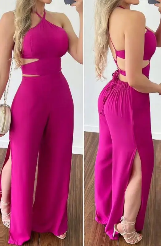 

Women's Jumpsuit Party Night Elegant Solid Halter Criss Cross Cutout Backless Tied Detail Sleeveless Split Hem Wide Leg Jumpsuit