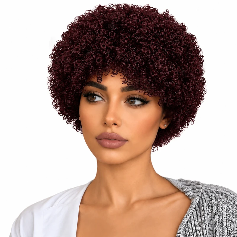 Burgundy 8-inch spiral curl wig for women, perfect for all ladies at a party.