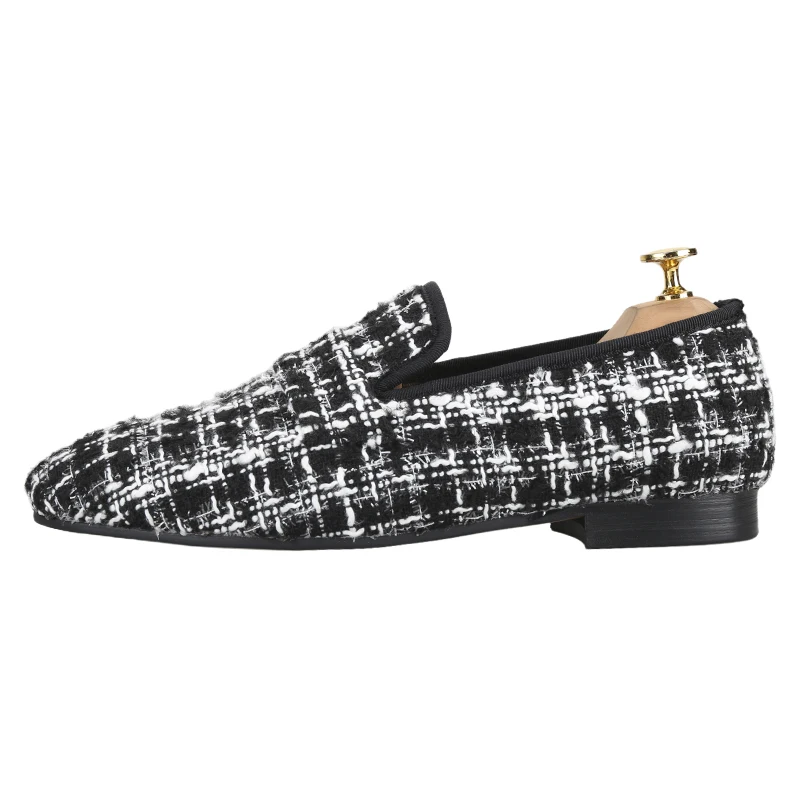 Piergitar Luxury Brand Same Material Black And White Knitted Cotton Men's Penny Loafers British Classic Slip-On Smoking Slippers