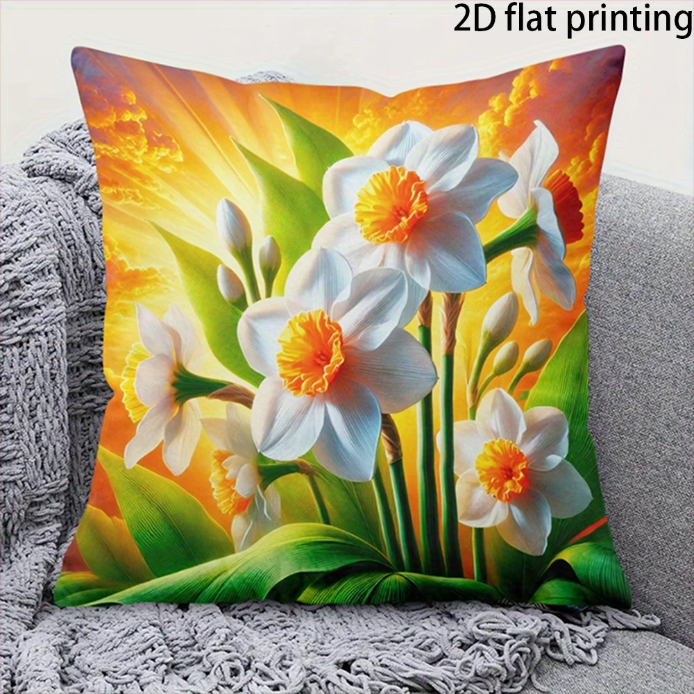 Daffodil Pillow Cover Polyester Printed Yellow Flower Cushion Case Sofa Home Decor 45x45cm Bedroom Living Room Throw Pillowcase