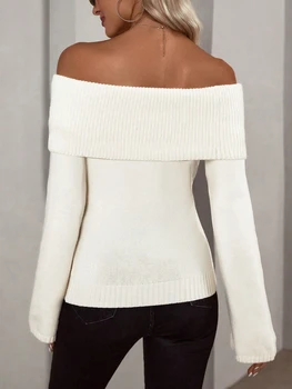 Women's Off-Shoulder Slim-Fit Sweater 2 Off Shoulder Slim-Fit Sweater, Elegant Solid Color Long Sleeve Sweater For Fall & Spring, Women's Clothing 2