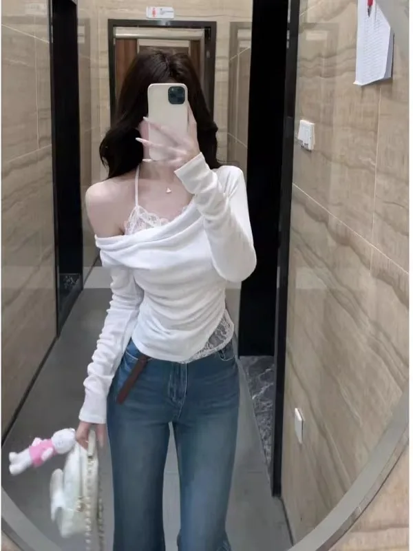 

Уникальная стильная женская футболка с длинными рукавами и асимметричным вырезом на плече, облегающая, в корейском стиле, красивый топ для весны и осени