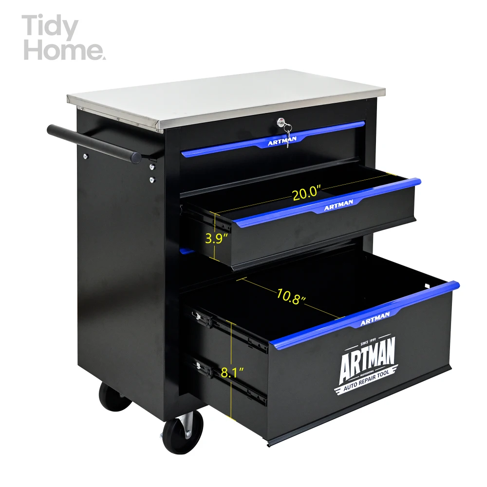 MULTIFUNCTIONAL TOOL CART WITH WHEELS and Cylinder Locking,Roll Around Storage Organizer Tool Cart for Garage/Warehouse,-BLACK