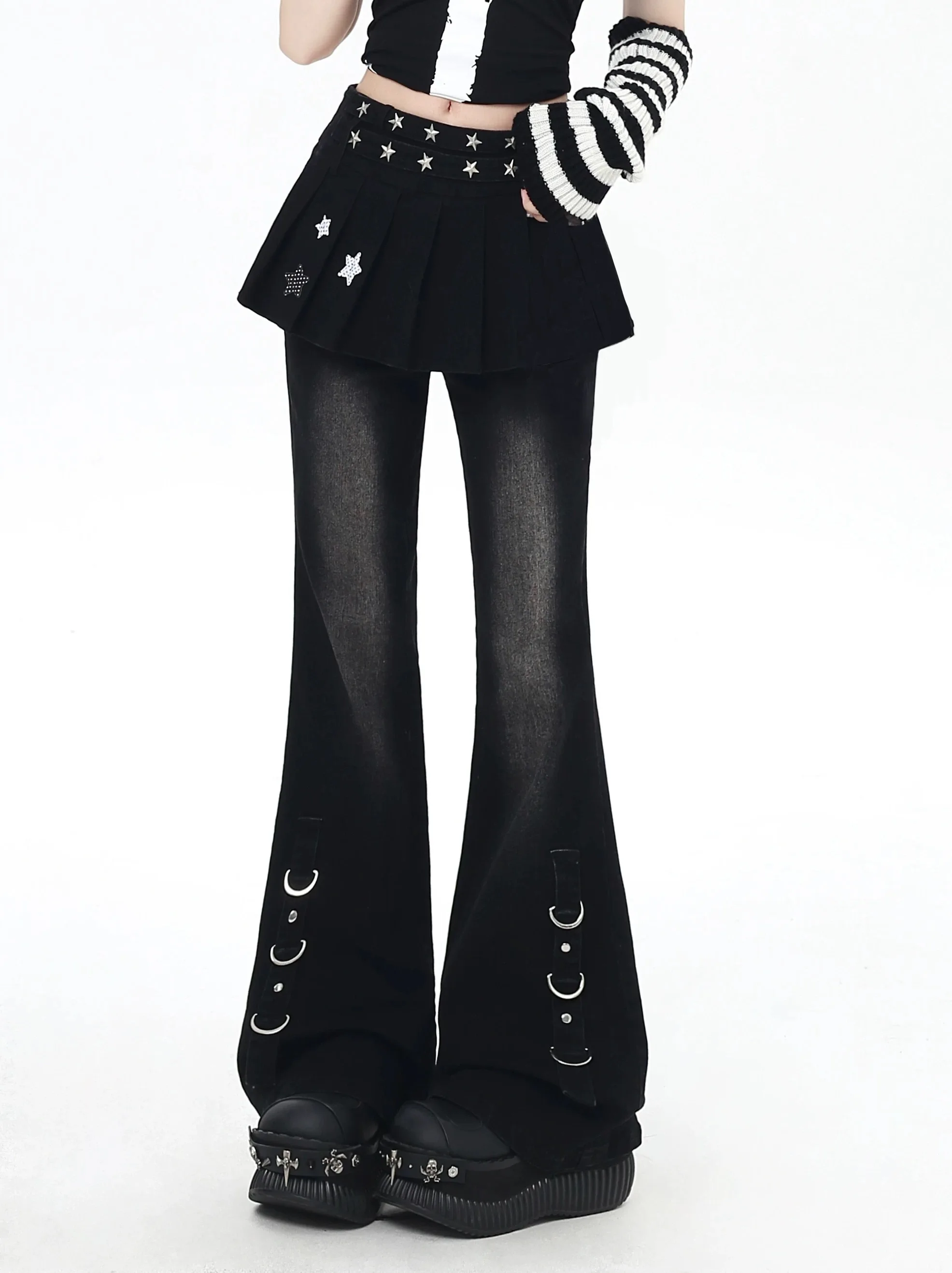 

Женские джинсы-клеш Y2K с искусственными брюками из двух предметов, юбка для похудения, осенний дизайн для девочек