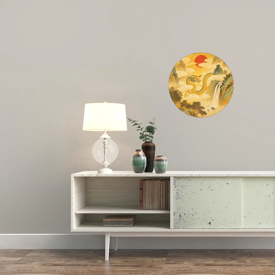 Three Ratels CD371 giant dragon in the sunrise over the mountains Artistic wall stickers for home decoration