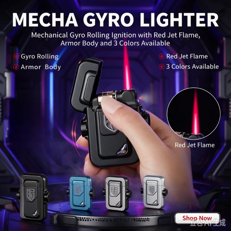 Creative Mecha Gyro Windproof Red Flame Lighter, Metal Body with Natural Shell Ornament,Roller Battery Ignition Electric Lighter