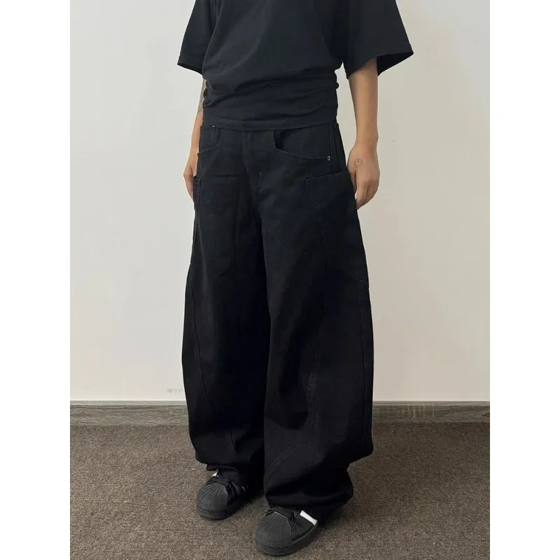 Deeptown Oversized Black Basic Jeans Women Harajuku American Retro Denim Pants Baggy Wide Leg Scimitar Trousers Casual Autumn