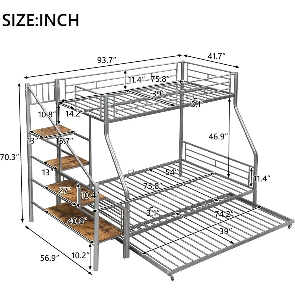سرير، سرير معدني بطابقين مزدوج الحجم بالكامل مع درج دولاب وتخزين، إطار قوي شديد التحمل للأطفال والشباب،