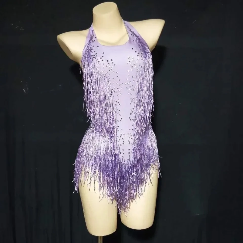 New Women Sparkly Rhinestone Fringe Leotard Tassel Dance Costume Jazz Stage Performance Bodysuit Party Club Wear,Party Costume