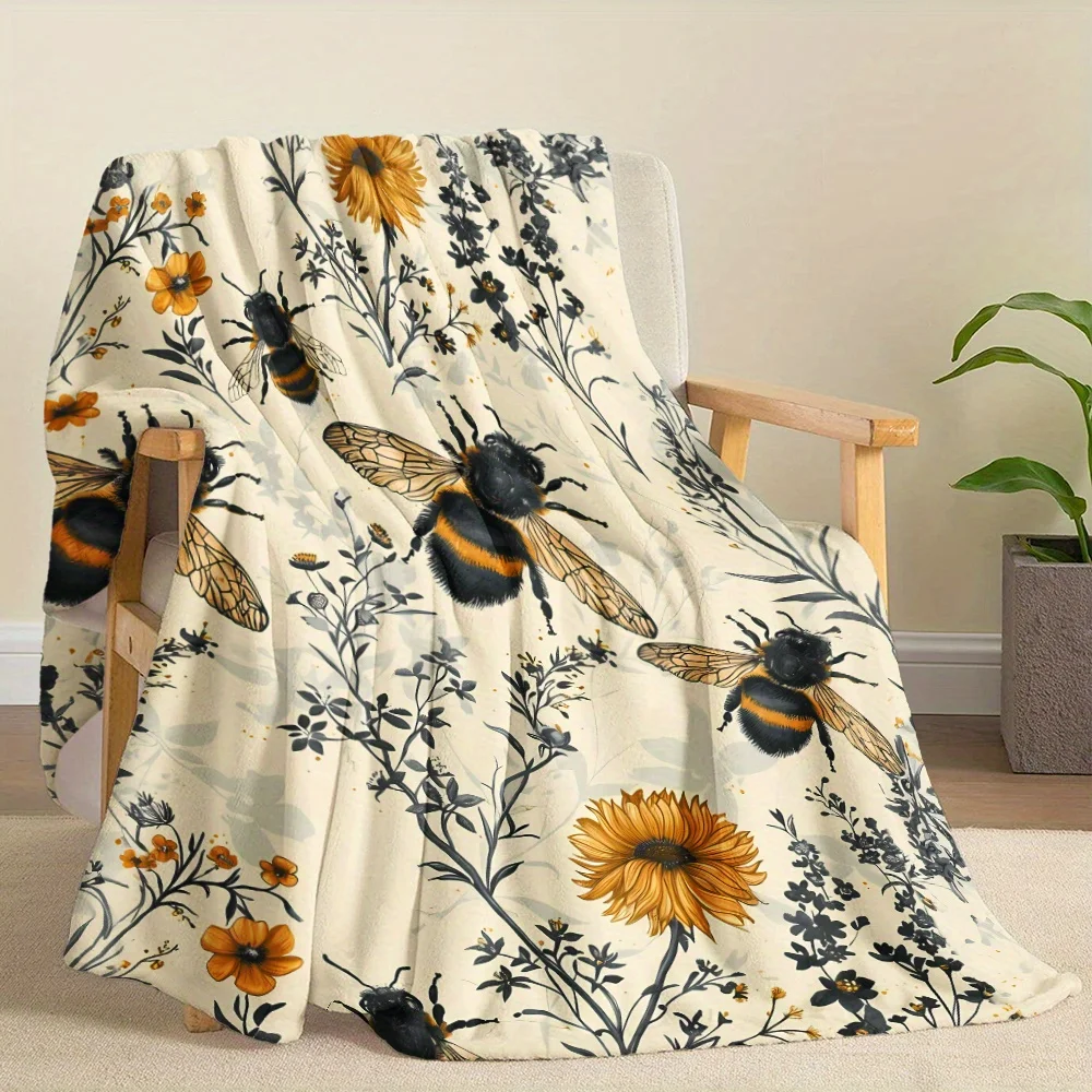 

Bee and Wildflower Themed Flannel Throw Blanket Polyester Knitted Quilted Blanket with Digital Print All Season Cozy Bedding