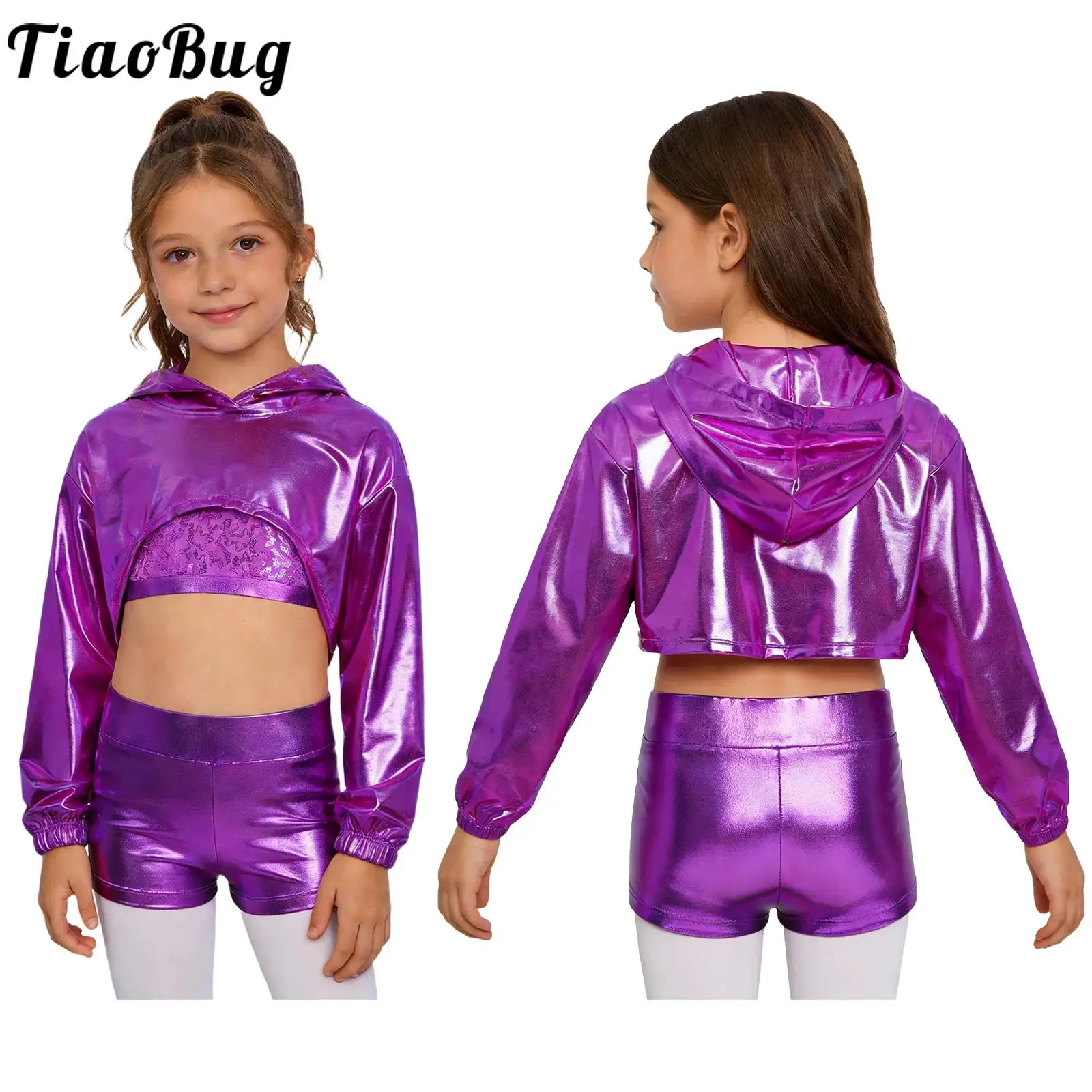 Children Girls Jazz Hip-Hop Street Dance Costume Metallic Shiny Long Sleeve Cheerleading Cropped Hoodie with Sequins Vest Shorts