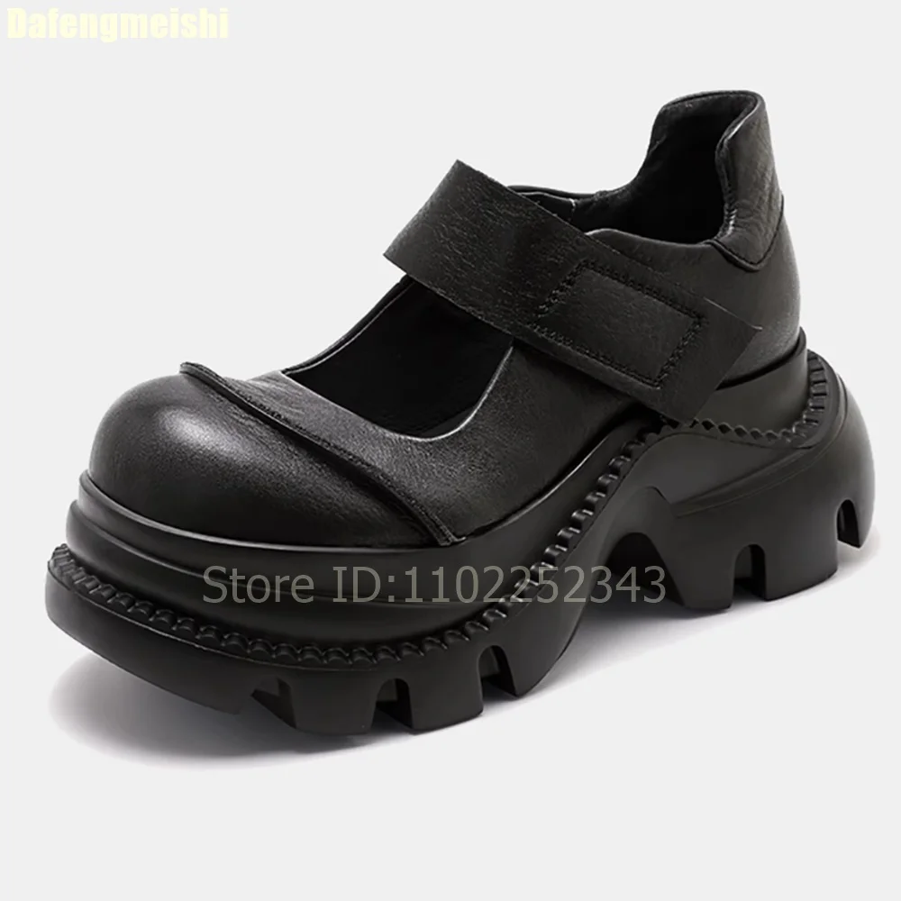 

2025 New Thick-Soled Mary Jane Shoes Height-Increasing Pumps Women Punk Style Summer Shallow Round Toe Black Leather Shoes
