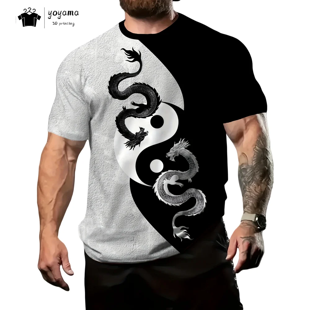 

2025 Summer Dragon Graphic Men's Clothing Tide Printed Men's Short Sleeve Tee Breathable Men's Tops Casual O-Neck Men's T-Shirt