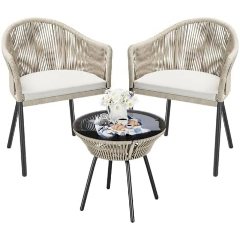 

3 Piece Patio Set Outdoor Wicker Patio Chairs with Coffee Table & Cushions Bistro Conversation Set Porch Furniture