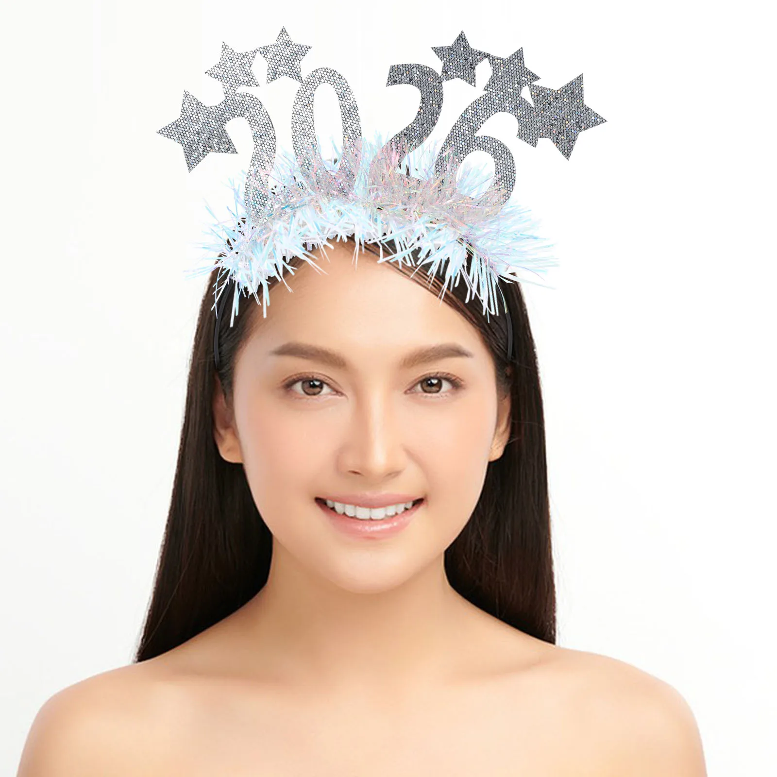 

2pcs 2026 Glitter Star Headband Lightweight Party Hair Accessories New Year Eve Hairband For Kids Adults Silver Star Hair Hoop