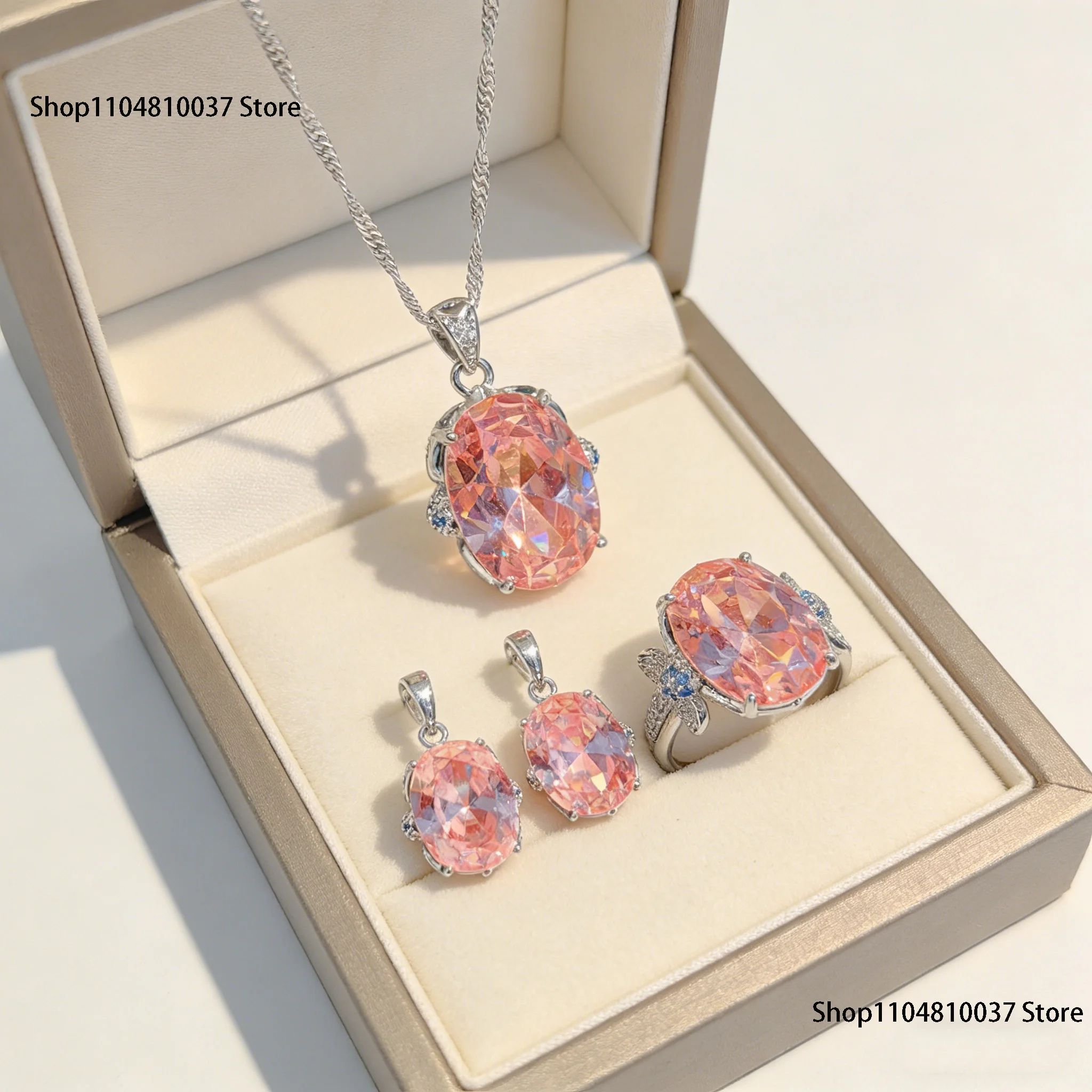 

Luxury 925 Sterling Silver Paraiba Lake Blue Pigeon Egg Pendant Necklace Earrings Pink Diamond Ring Gemstone Set for Women