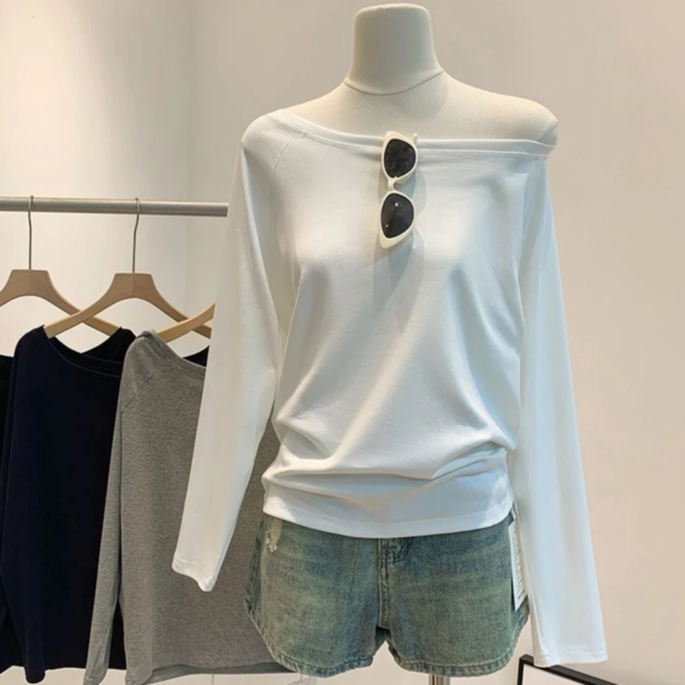 Spring Autumn One Shoulder All-match Long Sleeve Slant Shoulder Women's Clothing Style Interior Wide Truffle Shoulder Base Shirt