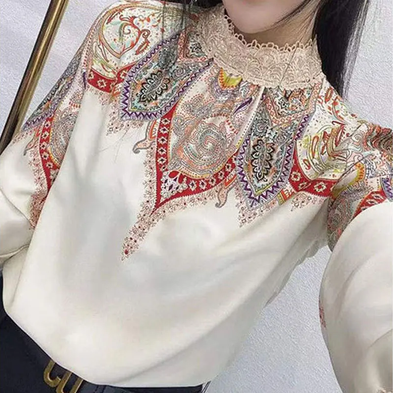 Stand Collar Lace Spliced Printed Vintage Shirt Spring Fashion Female Clothing Long Sleeve Korean Loose Women\'s Pullovers Blouse