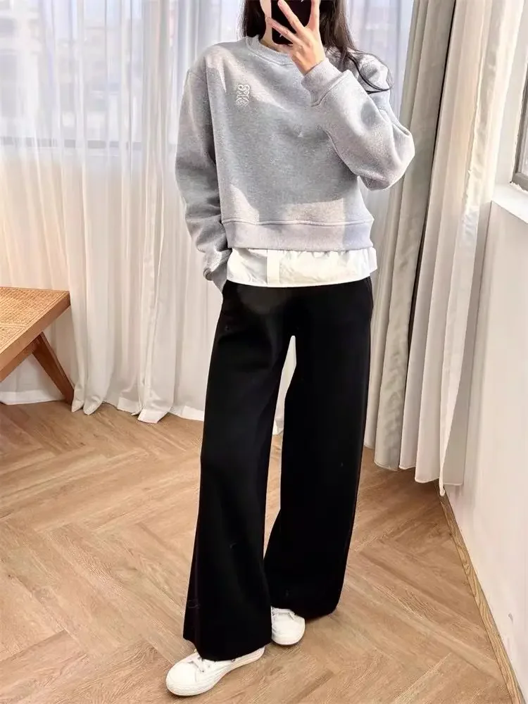 وهمية قطعتين المرأة البلوز الرمادي الديكور بدوره إلى أسفل طوق الإناث التطريز خطابات البلوز الأعلى #2