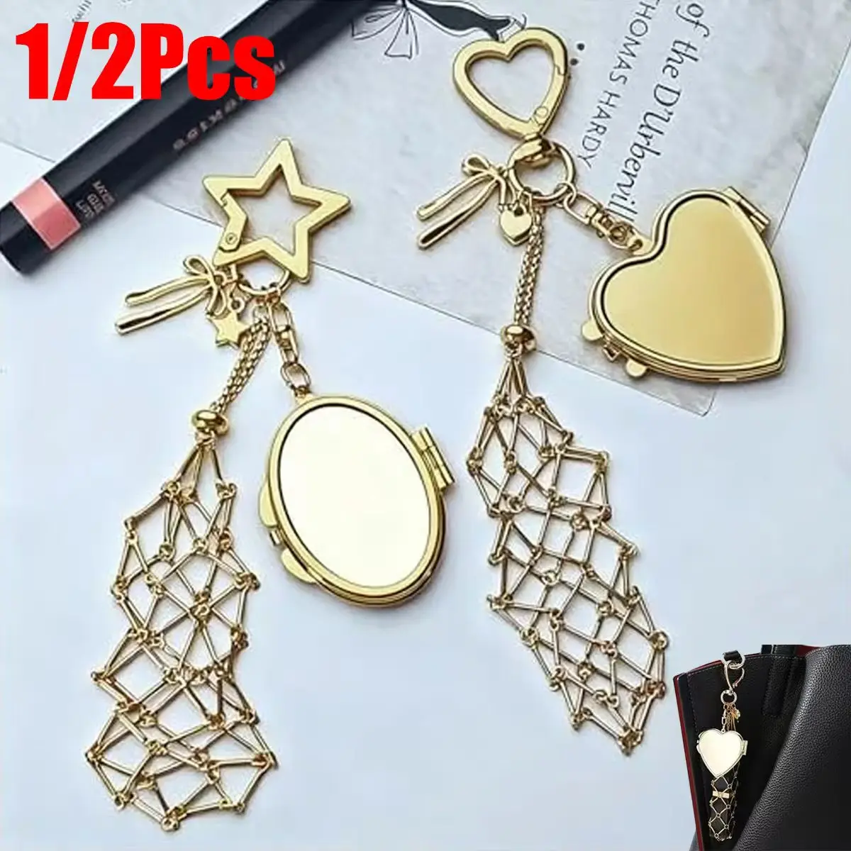 2-Piece/1-Piece Set Metal Lipstick Case with Mirror, Lip Gloss Storage Accessory, Handbag Lipstick Case, Makeup Mirror, Stylish Portable Lipstick Storage Holder Keychain (Gold Heart-Star Mirror Style) - No Need to Plug in for Use - Holiday Gift for Women