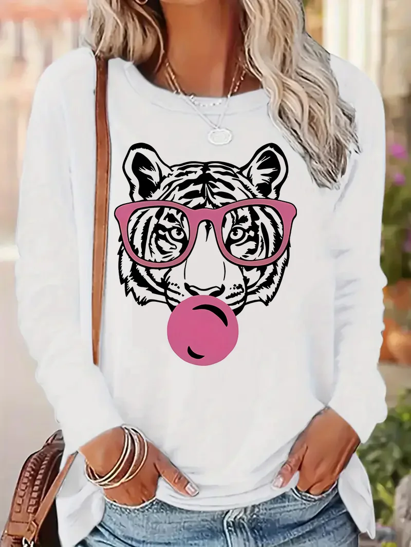 90s القوطية النمر الحيوان بأكمام طويلة Y2k تي شيرت المرأة عادية كم طويل تي شيرت طاقم الرقبة تي شيرت
