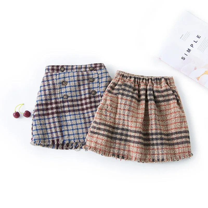 Winter Girls Plaid Skirts Double-deck Kids Warm Skirt for Girl Fashion Wool Retro Skirts Kids Button Skirt Kids Child Clothing