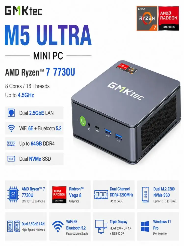 GMKtec M5 Ultra Mini-PC Ryzen 7 7730U Gaming- und Bürocomputer 8C/16T Bis zu 4,5 GHz NVMe SSD WiFi 6 Dreifach-4K-Display Windows 11 Pro