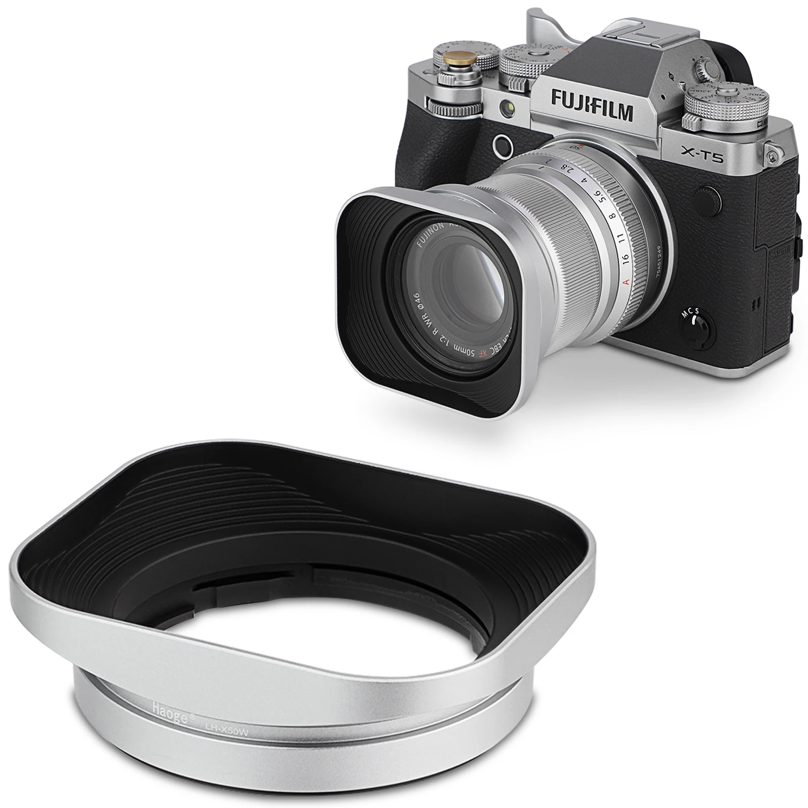 Haoge baioneta quadrado metal lente capa para fujifilm fuji fujinon xf 50mm f2 r wr lente prata LH-X50W, em xpro3 X-T50 xt5 X-T4