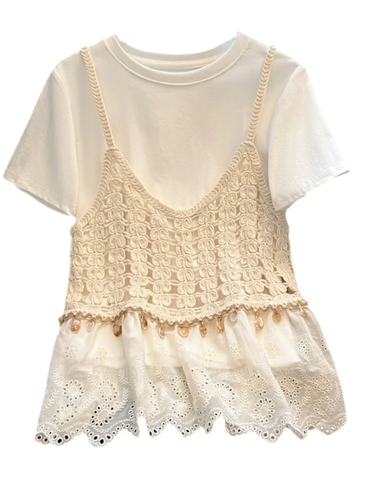 n Sle المرأة ort Sve تي شيرت محبوك الجوف خارج المحاصيل الأعلى وسترة قطعتين مجموعة الصيف تنفس مزيج القطن #5