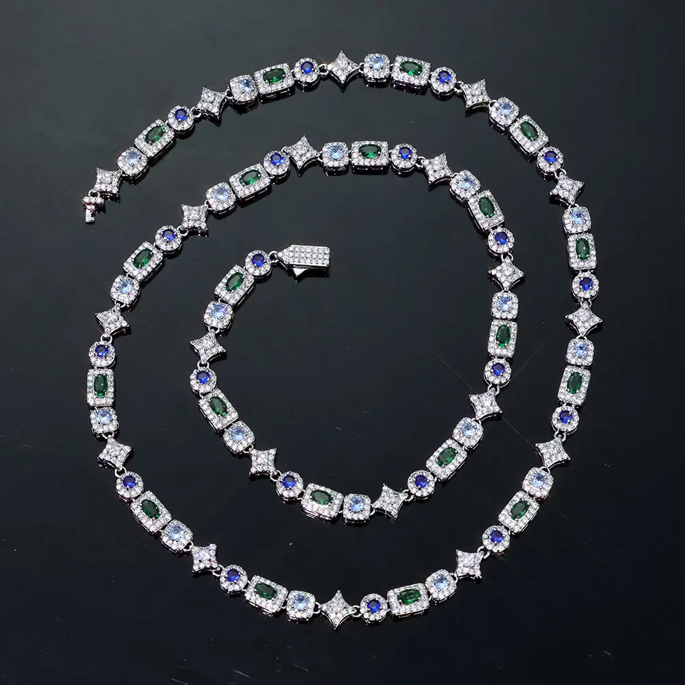 HHIOK New 6mm Color Rectangular Cuban Chain Iced Diamond 5A Cubic Zirconia 18k Gold Plated Hip Hop Style Fashionable Necklace