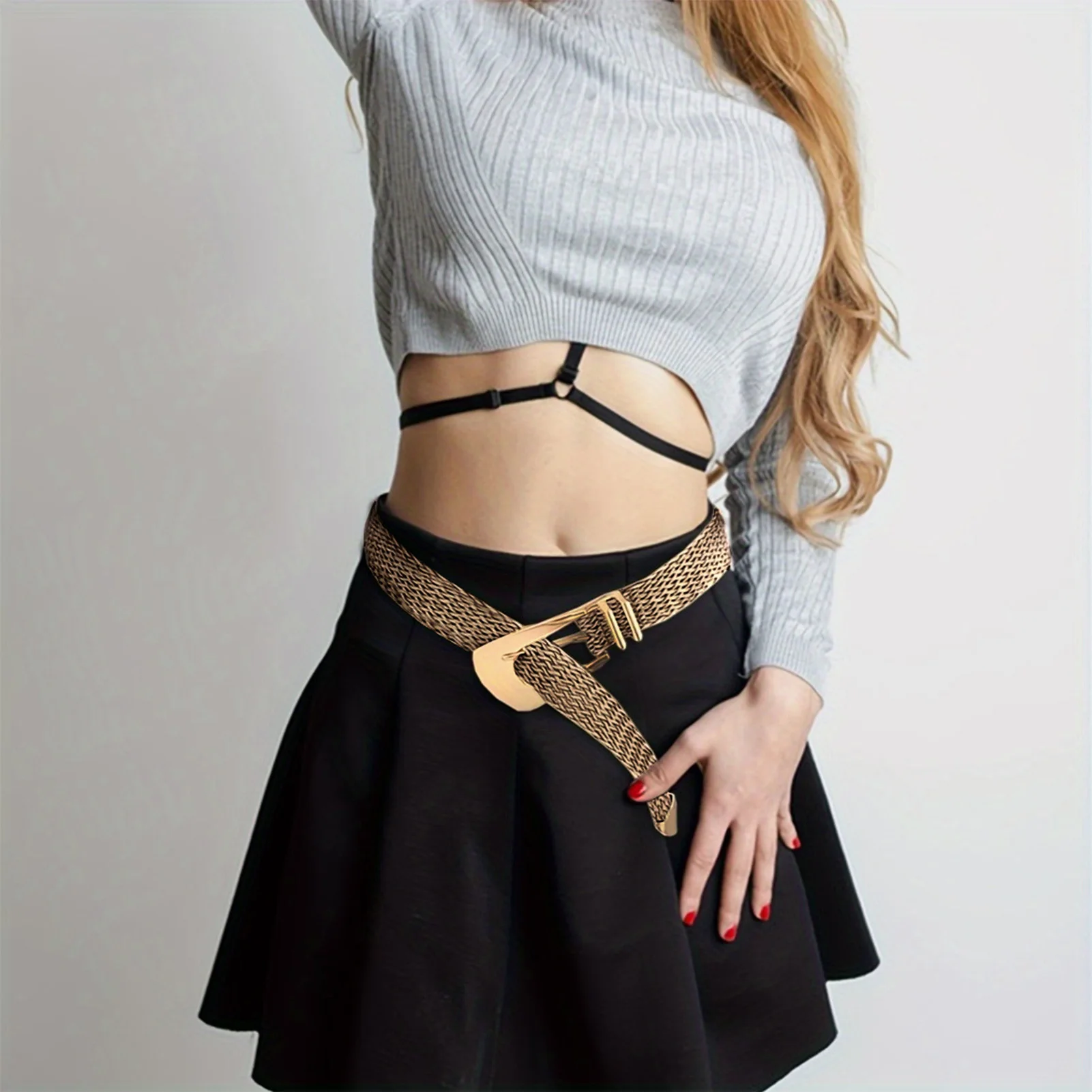 Classic Metal Casual Belt Woven Gold Belt With Irregular Metal Buckle for -up with Jeans Dress