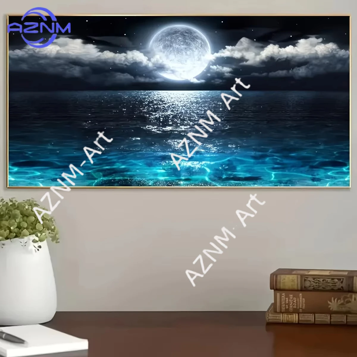 1PC ，A Frameless Moonlight Ocean Canvas Wall Art, Large Abstract Moonlight Reflection Printing, Modern Home Decoration