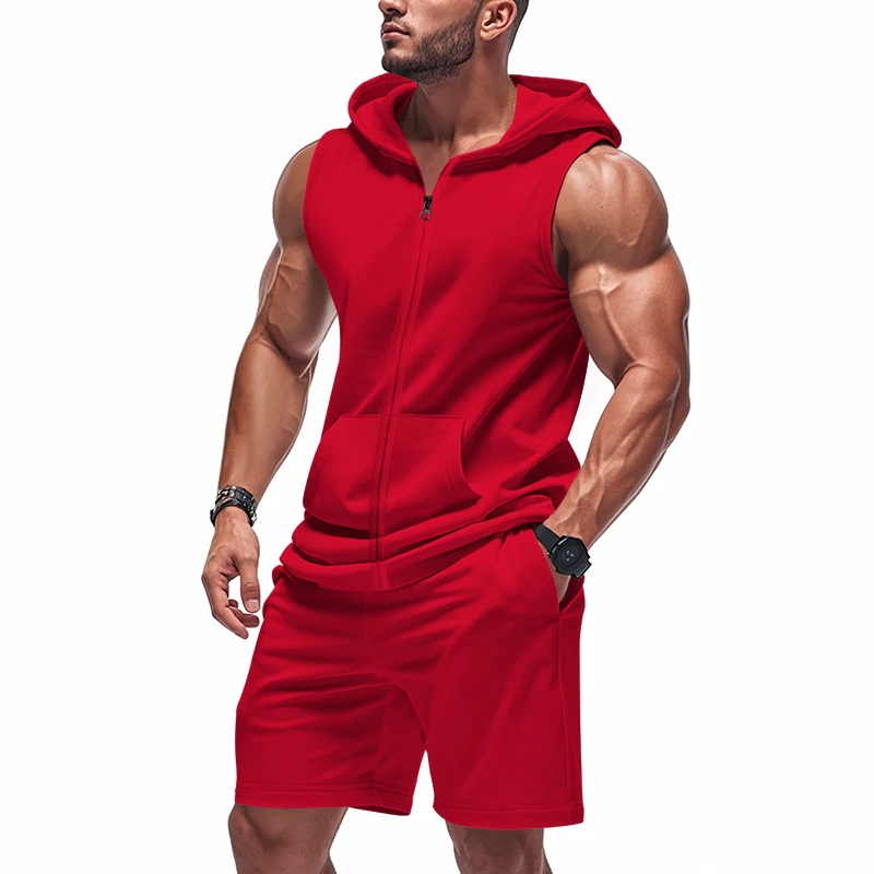 Men's Suit Sleeveless Hoodie Two-Piece Set | Fitness Training Zipper Hoodie Vest & Loose Drawstring Shorts Set (Multiple Colors)