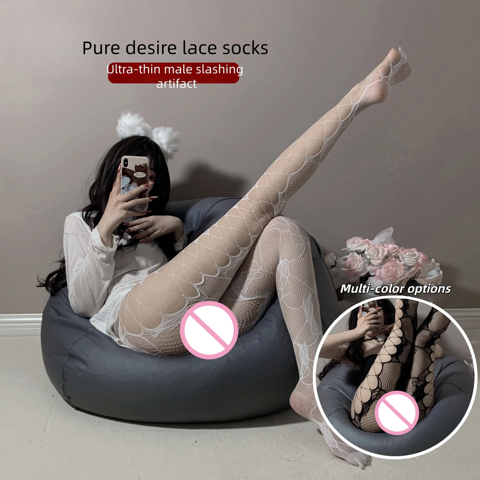 New Versatile Bold Seductive Stockings Retro Fishing Net Socks Black Side Mesh Rose Sexy Hollow Stockings Pantyhose Black Silk view 2