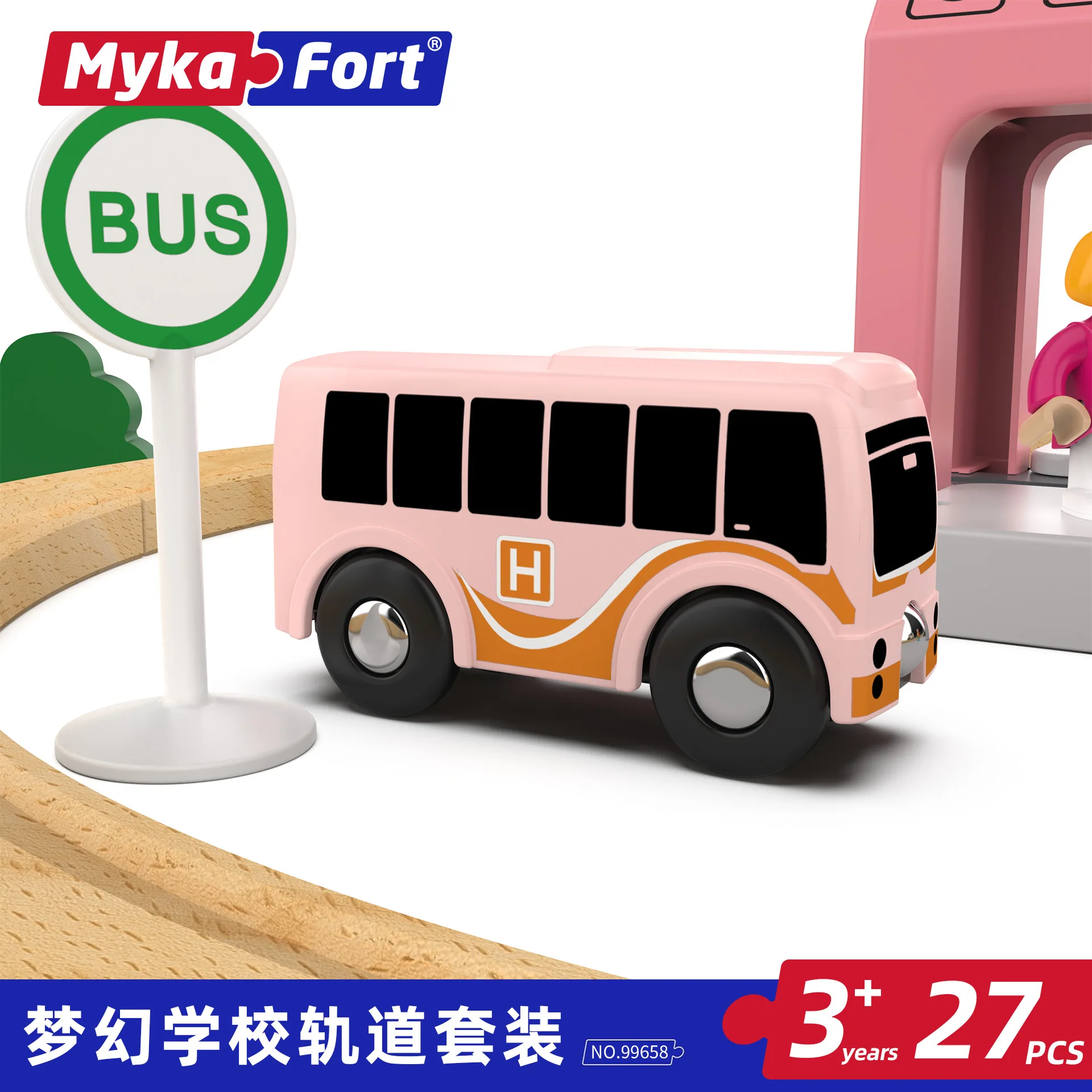 Set di binari per scene scolastiche da sogno, puzzle per bambini, vagone ferroviario in legno, assemblaggio fai da te, set di autobus scolastici, XT146