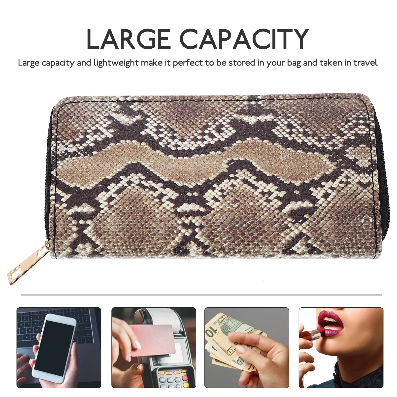 

1Pcs Snakeskin Pattern Women Wallet PU Clutch Purse Zipper Large Capacity Lightweight Travel Shopping Party Gift